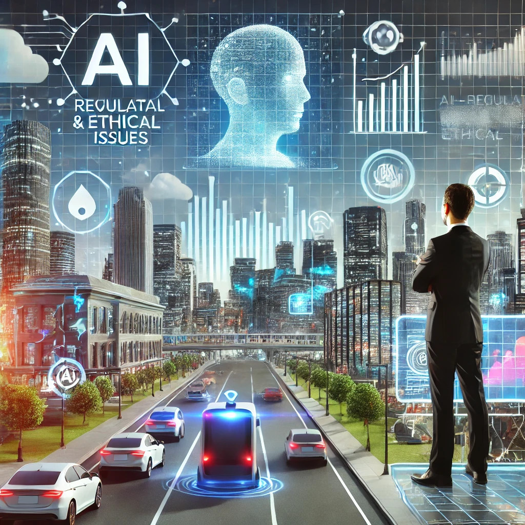 Tekoälyn tulevaisuuden näkymät ja eettiset haasteet: "Futuristinen kaupunkimaisema, jossa näkyy tekoälyn innovaatioita ja eettisiä kysymyksiä analysoiva liiketoiminnan edustaja."